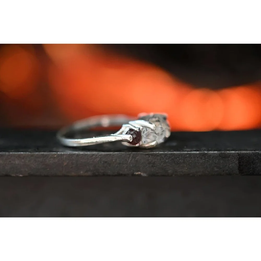 3 Stone Raw Diamond and Garnet Handmade Engagement Ring Rough Natural - Picture 5 of 8